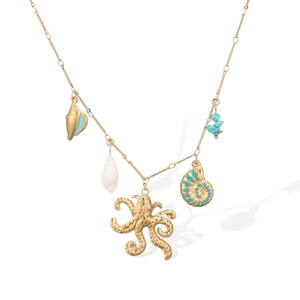 Golden stainless steel beach necklace with octopus, shell charms and blue stones