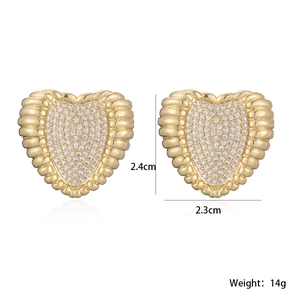Macro view of 18K gold plated heart stud earrings with cubic zirconia and 2.4cm size