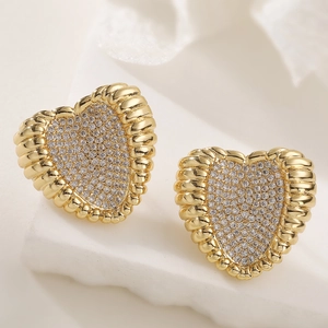 Chic 18K gold plated heart stud earrings with sparkling pavé zircons and spiral texture