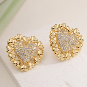 Luxury 18K gold plated heart stud earrings with sparkling cubic zirconia pavé stones