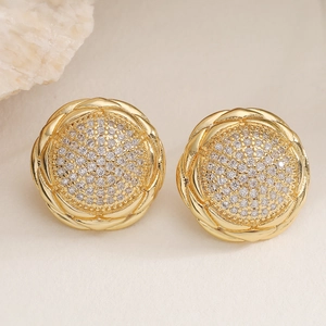 Luxurious 18K gold plated round stud earrings with paved zircons and twisted edge