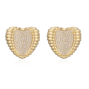Fashion 18K gold plated heart stud earrings with cubic zirconia and textured edges