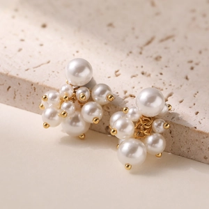 Elegant gold-tone stainless steel cluster pearl drop earrings for women fashion