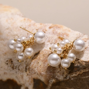 Elegant cluster pearl drop earrings with gold stainless steel hardware in retro style