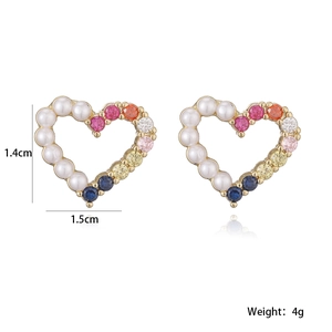 Detailed view of heart-shaped earrings with pearls and colorful stones measuring 1.4x1.5 cm