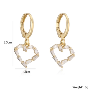 18K gold plated heart drop earrings with rectangle cut cubic zirconia, 2.5cm height