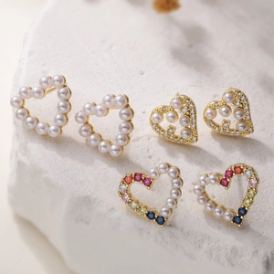 Fashion Heart Stud Earrings 18K Gold Plated Copper Colorful Zirconia Faux Artificial Pearl Earrings For Women Elegant Jewelry Gift