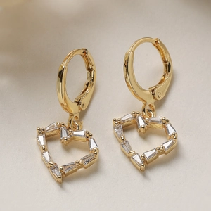 Elegant 18K gold plated heart drop earrings with rectangular zircon stones for women