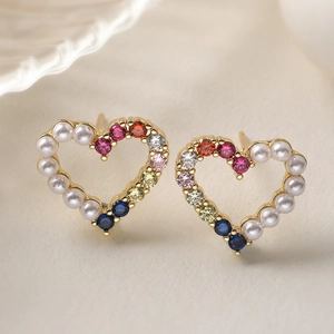 Elegant 18K gold plated heart earrings with colorful zircon and pearls on satin