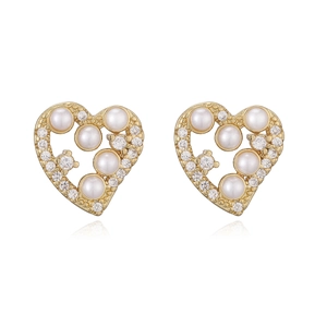 Elegant 18K gold plated heart stud earrings featuring white pearls and zircon accents
