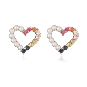 Detailed macro view of 18K gold heart studs with white pearls and colorful gemstones