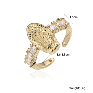 18K gold-plated adjustable open ring with Virgin Mary medallion and zircon stones