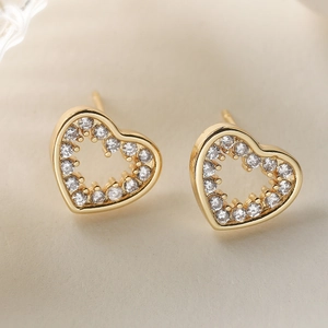 Elegant 18K gold plated heart stud earrings with zircon and pearl accents for women