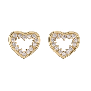 Close-up of 18K gold plated hollow heart earrings with white cubic zirconia inlay