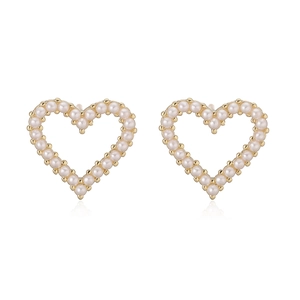 Elegant 18K gold plated heart stud earrings with white pearls and sparkling zircons