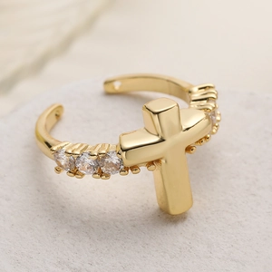Vintage 18K gold plated cross open ring with sparkling zircon stones for women