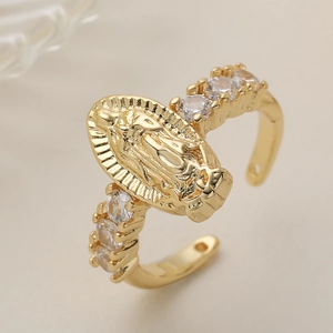 Vintage 18K gold plated open ring with Virgin Mary cameo and zircon accents