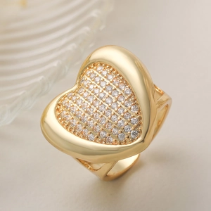 Elegant 18K gold plated copper heart ring with full pavé cubic zirconia inlay