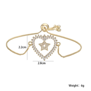 Bracelet coeur et étoile en plaqué or 18K avec zircone et chaîne réglable femme