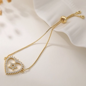 Bracelet ajustable en plaqué or 18 carats avec cœur, étoile et zircons brillants