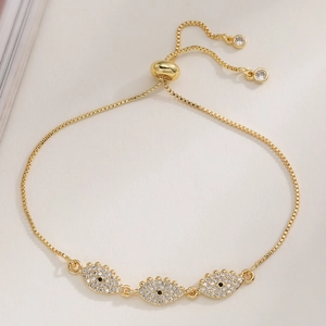 Bracelet Ajustable en Cuivre Plaqué Or 18K pour Femme Mauvais Œil Cœur Luxe Strass Chaîne Box Bijoux Occidentaux
