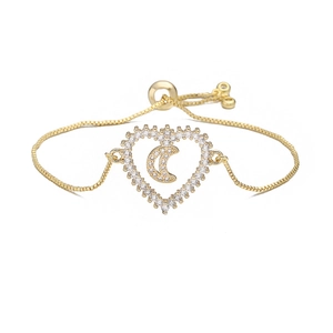 Bracelet coeur et lune plaqué or 18K avec zircone et chaîne de boîte réglable pour femme
