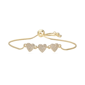 Bracelet plaqué or 18 carats avec trois cœurs en cristal et chaîne box ajustable