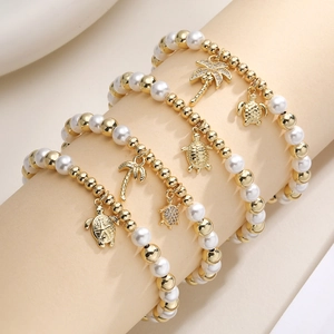 Bohemian Beach Beaded Bracelet With Gold Sea Turtle Coconut Tree Pendants Copper Imitation Artificial Pearl Zircon Women Vacation Jewelry