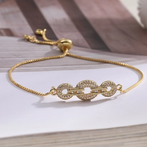 Minimalist 18K gold plated copper bracelet with three interlocking zircon rings for women