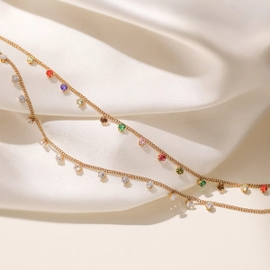 Elegant 18K gold plated stainless steel necklace with multi-colored rainbow crystals