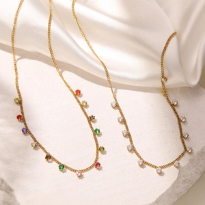 Minimalist Stainless Steel Zirconia Pendant Necklace For Women Gold Plated Geometric Round Stone Rainbow Clavicle Chain Jewelry