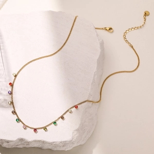 Elegant 18K gold plated stainless steel necklace with thirteen colorful zircon stones