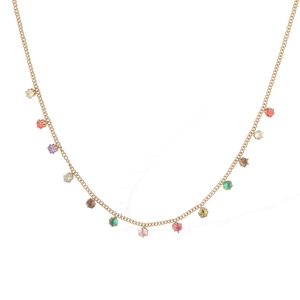 Detailed close-up of 18K gold plated stainless steel necklace with multi-colored gemstones
