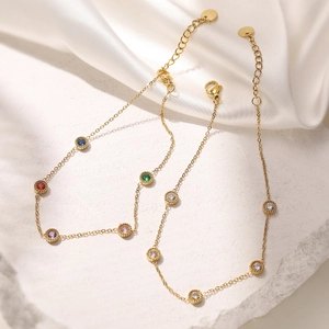 Luxus 18K Vergoldet Edelstahl Strass Armband Für Damen Minimalistisch Rund Bunt Weiß Stein Kette Armband Schmuck