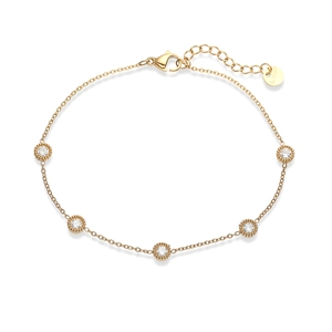 Details des 18K vergoldeten Edelstahl-Armbands mit fünf runden Zirkonia-Steinen