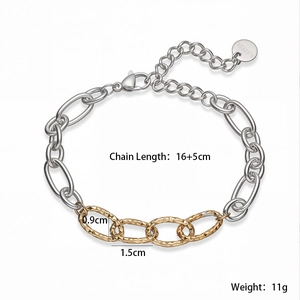 Close-up of dual-tone stainless steel chain bracelet with hammered texture and lobster clasp