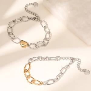 Two-tone 18K gold plated stainless steel chain bracelets with heart charm details