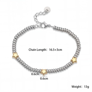 Detail showing beaded bracelet length 16.5cm with 3cm extension chain and star charms