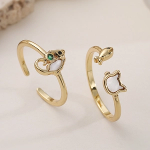18K Gold Plated Copper Open Adjustable Ring Personalized Animal Elephant Cat Fish Zirconia Mother Of Artificial Pearl Women Jewelry