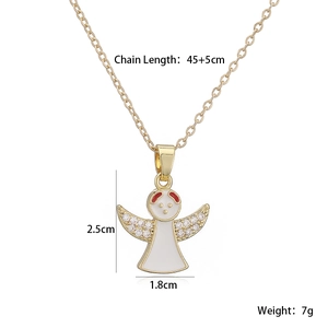 Detailed specs of the gold-plated angel pendant necklace with white enamel and crystals