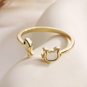 Minimalist 18K gold plated open ring with cute shell cat and small fish design
