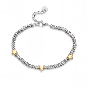 Close-up of beaded stainless steel bracelet with gold stars and branded tag