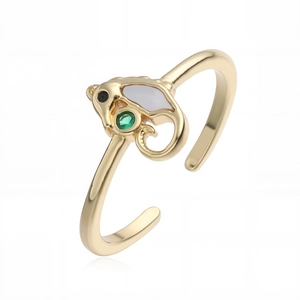 Minimalist 18K gold plated elephant open ring with green gemstone and white shell inlay