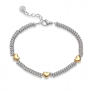 Fashionable stainless steel beaded bracelet with three golden heart charms for women