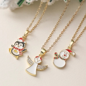 Christmas Enamel Pendant Necklace Copper Gold Plated Angel Snowman Penguin Jewelry For Women Festive Holiday Gift