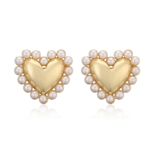 Detail of 18K gold plated heart stud earrings featuring a pearl border on white backdrop