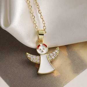 Elegant gold-plated angel pendant necklace with white enamel inlay and sparkling cubic zirconia