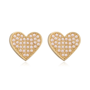 Elegant heart-shaped gold plated stud earrings featuring detailed white pearl inlay
