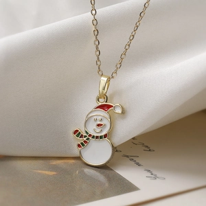 Elegant gold plated snowman necklace with white enamel and festive red scarf detail