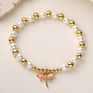Bracelet perlé plaqué or 18K avec perles blanches et pendentif libellé rose